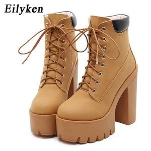 Eilyken Fashion Spring Autumn Platform Ankle Boot Lace Up Thick Heel Riding, Equestrian Ladies Worker Black 211105