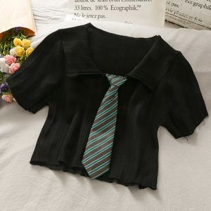 2021 Vår och sommar vertikala ränder Lapel Short Midriff-Baring Stickad Sweater Top Kvinnors Nya Tie Decoration Kortärmad Y0825