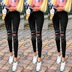 Casual Chic Leggings Knie Loch Trendy Stretch Cut Löcher Perlen Dekoration Dame Hosen Dünne Hohe Taille 211204