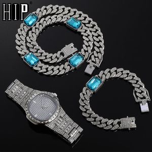 Hip Hop 12mm 3pcs Kit Watch + Fyrkantig Halsband + Armband Bling Crystal AAA + Iced Out Kubanska Rhinestones Kedjor för män Smycken X0509