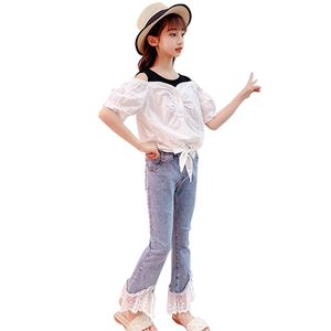 Teenager-Mädchen-Kleidung, Bluse + Denim-Jeans, Trainingsanzüge für Patchwork-Kleidung, Teenager-Kinder 210527