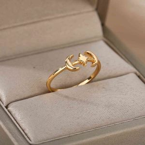 Moon Star Rings For Women Stainless Steel Gold Vintage Crescent Moon Polaris Finger Ring Unique Jewelry Gift Bijoux Femme G1125