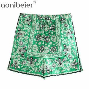 Grön Lösa Shorts Sommar Fashion Drawstring Elastic High Waist Kvinnor Tryckt Casual Holiday Beach Wear 210604