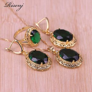Risenj Russian Style Many Colors Big Oval Green Stone Gold Color Jewelry Set For Women Earrings Ring Necklace Bridal Jewelry H1022