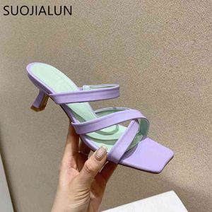 Suojialun 2021 sommar nya kvinnor slipper tunna låg häl damer sandal skor elegant smal band kvinnlig utanför glidbanor flip flop k78