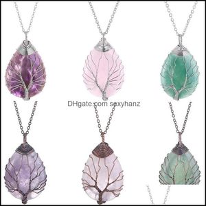 Hängsmycken Wire Wrapped Tree of Life Chakra Waterdrop Pendant Healing Crystal Energy Stone Quartz Halsband Mode Kvinnor Män Smycken Hem