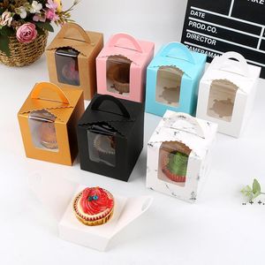 Scatole per cupcake singole con maniglia per finestra trasparente Scatola per macaron portatile Scatole per snack per torta di mousse Scatola per pacchetti di carta Rifornimento del partito RRB11666