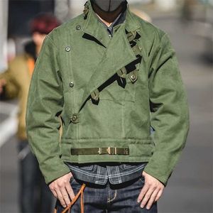 Maden Army Green Retro Jacka Felplacerad snedspänne Svensk motorcykel herr AMEKAJI bomull tvättat vatten Oversize 211126