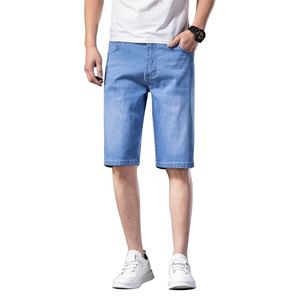男性デニムショーツ夏のスタイルの薄いセクション弾性力スリムフィットショートジーンズ男性ブランドの服青210716