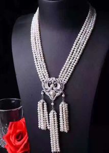 Hand knotted necklace 4rows 5-6mm white freshwater pearl micro inlay zircon phoenix accessory 48-55cm fashion jewelry