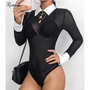 Rockmore Fishnet Transparent Long Sleeve Panelled Bodysuit Women Turn-down Collar Hollow Out Femme Bodysuits Playsuit Autumn 210720