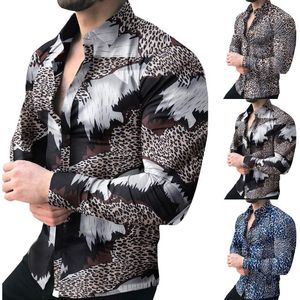 Mäns Casual T Shirts 2021 Långärmad tröja Höst Vinter Leopard Print Button Down-down Collar Tops Blouse