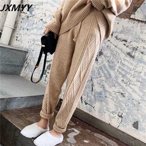 JXMYY Winter Thicken Women Harem Pants Casual Drawstring Twisted Knitted Pants Femme Chic Warm Female Sweater Trousers 211216