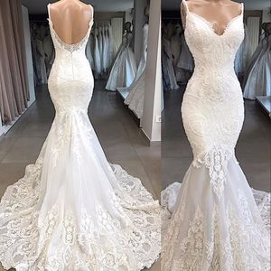 Sexy African Mermaid Wedding Dresses Arabic Bride Gowns Spaghetti Straps Full Lace Appliques Open Back Sweep Train Plus Size Sleeveless Vestidos De Marriage 403