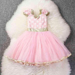 Spädbarn Baby First Birthday Outfits Polka Dot Tulle 1 År Party Toddler Chopening Gown Pink Baby Girls Tutu Klänningar 1 År Q0716
