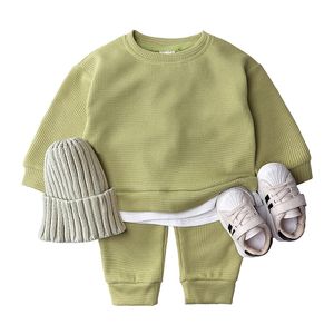 Spårdräkter för flickor sätter nyfödda kläder som stickar koreanska babykläder sätter kläder för pojkar cottontops+byxor lösa tröjor