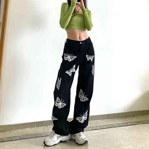 Kvinnors Jeans Svart StreetWear Butterfly Printing High Waist Wide Ben Byxor Leisure Baggy Vintage Mom Straight Denim Pants 210922