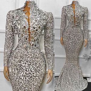 2022 아프리카 스팽글 이브닝 드레스 긴 슬리브 인어 인어 여성 형식 파티 드레스 반짝 반짝 빛나는 높은 목 무도회 가운