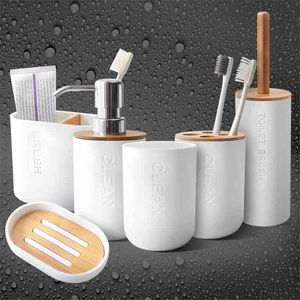 Bambu Ev 6-piece Basit Temizleme Kiti Tuvalet Fırçası Tutucu Sabun Dağıtıcı Çöp Kutusu Banyo Aksesuarları