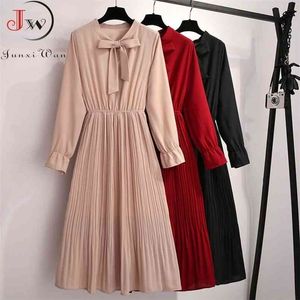 Casual Mulheres Vestido Chiffon Elegante Vintage Bow Collar Manga Longa Outono Inverno Midi Camiseta Vestidos Sólidos Slim roupas Robe 210915