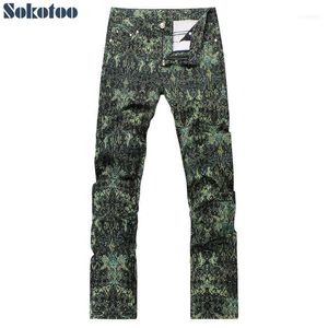 Men's Jeans Sokotoo Fashion Green Printed Sim Fit Straight Colored Drawing Denim Pants1