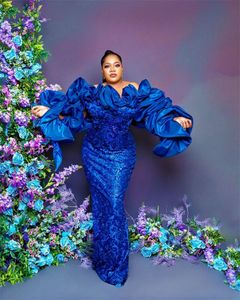 Plus Size Royal Blue Suknie Wieczorowe Koronkowe Aplikacje Puffy Długie Rękawy Ruffles Party Suknie Kobiety Bal Sukienka Długość Piętro Robe De Soriee