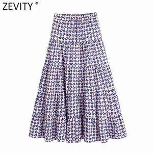 Zevity Kobiety Vintage Geometryczne Print Plees Casual Midi Spódnica Faldas Mujer Kobieta Elastyczna Talia Kieszenie Line Vestidos Qun792 210621