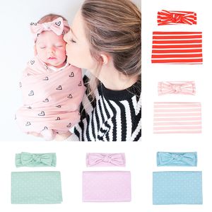 Spring Autumn Infant Baby Striped Heart Plaid Printing Sleeping Bag with Headbands Soft Cotton Toddler Boys Girls Swaddling wrap M3775