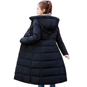ロングスリムパーカーファッション女性冬コート厚く暖かいパーカーダウンコットンジャケット女性の固体フード付きのアウトウェアオーバーコート210923
