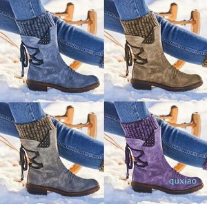 أدنى سعر وهدية مجانية - النساء الأحذية الكاحل الشتاء الخريف الفتيات كعب مسطح التمهيد الأزياء الحياكة المرقعة أحذية الثلوج التمهيد
