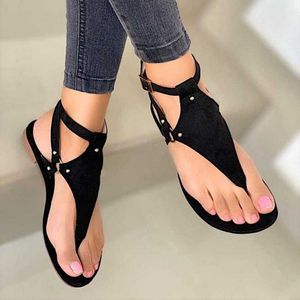 Summer Flat Women Sandals Gladiator Black Open Toe Ladies Beach Sandals Roman Buckle Strap Female Shoes 2021 Big Size Flip Flops Y0608