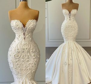 Sexy Luxury Mermaid Bride Gowns Sweetheart Tulle Lace Crystal Pearls Wedding Dresses Women Custom Made Robe De Mariée