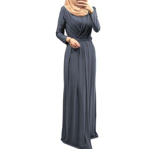 Vestidos casuales Mujeres Musulmán Manga larga Abaya Vestido Maxi Cruzada Cuello en V Cinturón Cinturón Alto Cintura Robe Ramadán Dubai Hijab Kafta Islam