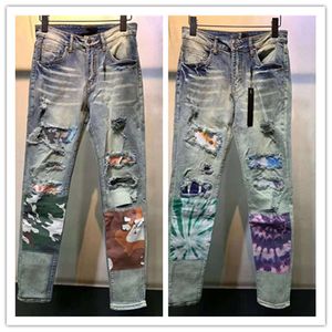 Lüks Tasarımcı Erkek Kot Moda Am-Tipi Rahat Kamuflaj Yama Skinny Streç Erkekler Jean Kalem Yırtık Delik Hip Hop Fermuar Denim Motosiklet Biker Pantolon W28-W40