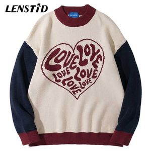 Lenstid homens hip hop de malha jumper blusas cute coração letra impressão retalhos streetwear streetwear harajuku outono casual solto pulôvers 211221