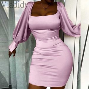 Kvinnor Square Collar Solid Color Satin Puff Sleeve Ruched Mini Dress Y0726