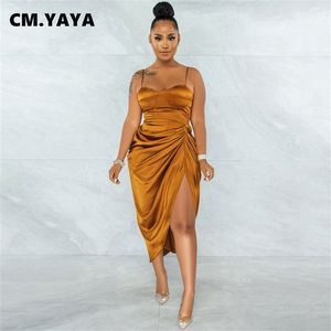 CM.YAYA Women Spaghetti Strap Sweetheart Neck Ruched Side Slit Dress Autumn Winter Sexy Club Party Night Irregular Dresses 220308