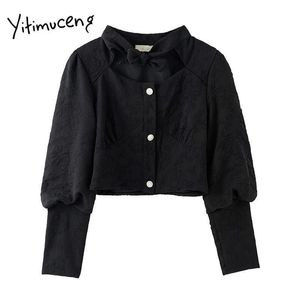 Yitimuceng Black Blouse Kvinnor Vintage Bow Button T-shirts V-Neck Långärmad Straight Solid Spring Koreanska Mode Toppar 210601