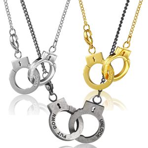 Men Stainless Steel Pendant Necklace PUT DOWN UNLOCK Engrave Retro Handcuffs Curb Chain Link