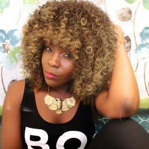 Fashion Ombre Short Afro Curly Brown African American Full Wigs Synthetic For Black Women None Lace Hair In Stock Y demandfactory direct