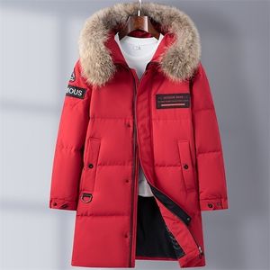 Piumino lungo da uomo con ricamo invernale addensato Parka caldo con cappuccio 90% piumino d'anatra bianco con collo in vera pelliccia Cappotto maschile 211129