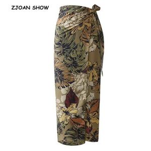 Sexy Kwiat Liście Druku Łuk Krawat Sashes Wrap Spódnica Vintage Kobiety Wysoka talia Slim Fit Mid-Calf Long Ołówek Spódnice Wakacje 210721