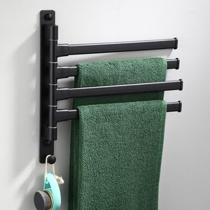 Towel Racks Black Bathroom Rack Space Aluminium Wall Mounted 180 Degree Rotation Stand Bath Holder Shelf With Hook 2 3 4 5 Rod