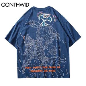 Tシャツ和風クマKoi魚プリントTシャツストリートウェア原宿ヒップホップファッションカジュアル半袖ティートップス210602