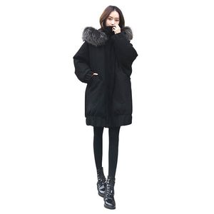 الشتاء القطن معطف المرأة السوداء S-4XL زائد حجم فضفاضة الأزياء فائقة كبيرة الفراء طوق مقنع سميكة الدفء جاكيتات LR914 210531