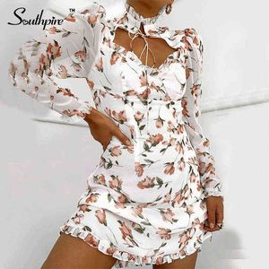 Mode-Southpire Sexig Lace Up V-Neck Day Mini Dress Kvinnors Svart Polka Dot Chiffon Party Elegant Vår Sommar Kvinnlig Kläder