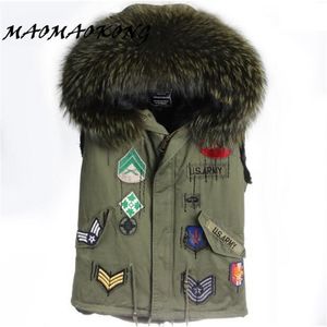 Winter Fur Vest Hooded British Style Army Green Color Real Raccoon Collar Women Gilets Varumärke Försäljning 211120