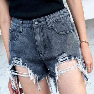 Vintage Ripped Jeans Shorts Women Summer Beach Denim Trouser Plus High Waist Hollow Sexy short jeans talle alto vliegenverjager 210601