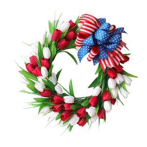 Amerikanischer patriotischer Tulpen-Seidenmemorial-Tag 4. Juli Kränze, rote weiße und blaue Blumengirlande-Haustür-DCOR, Wand hängen Q0812