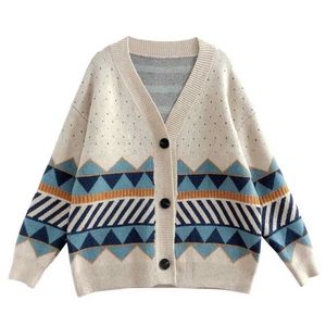 Maglione cardigan lavorato a maglia con geometria geometrica da donna Maglione con scollo a V profondo con bottoni All-match Donna Chic coreano Top larghi Autunno Inverno 211011